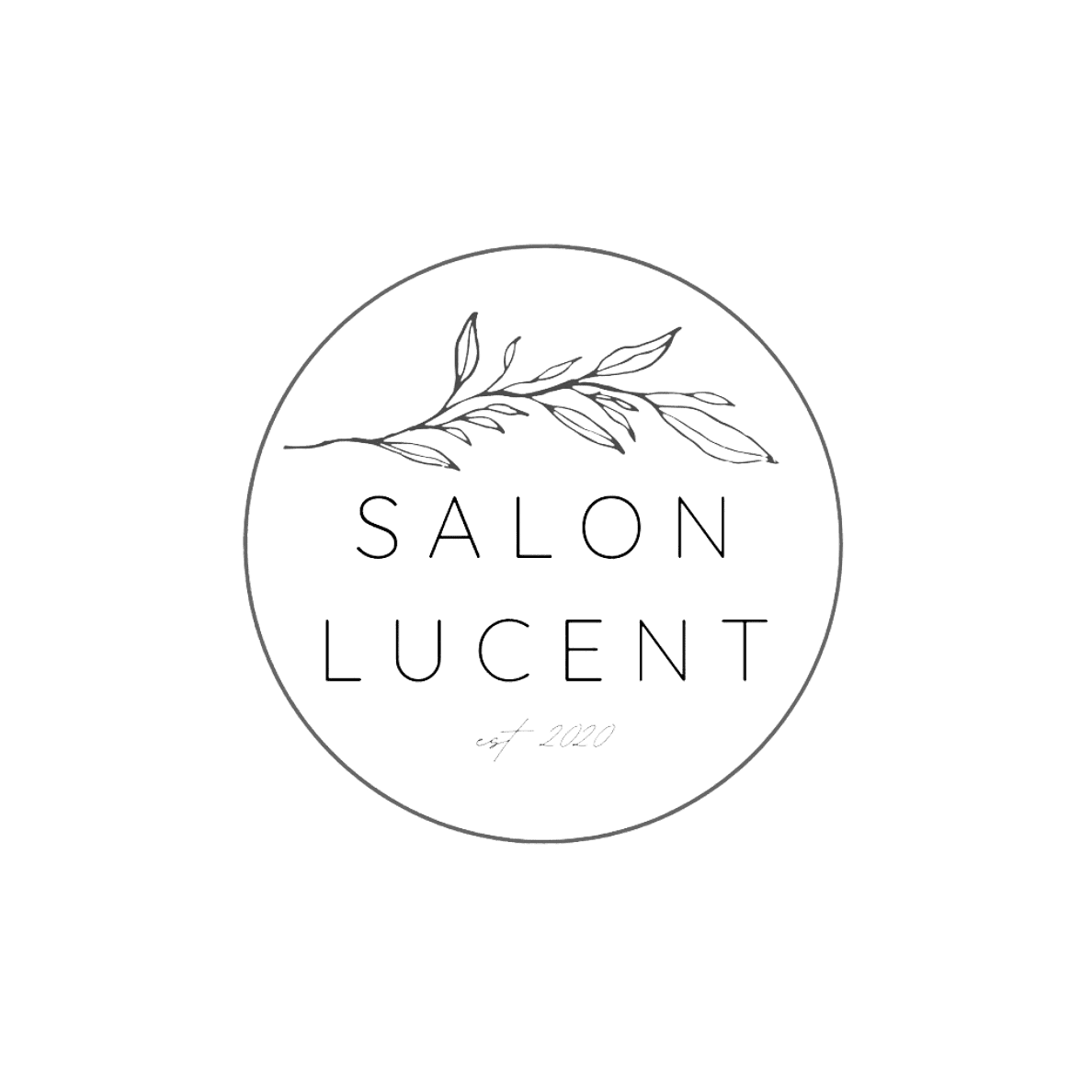 Salon Lucent logo with olive branch illustration, established 2020.