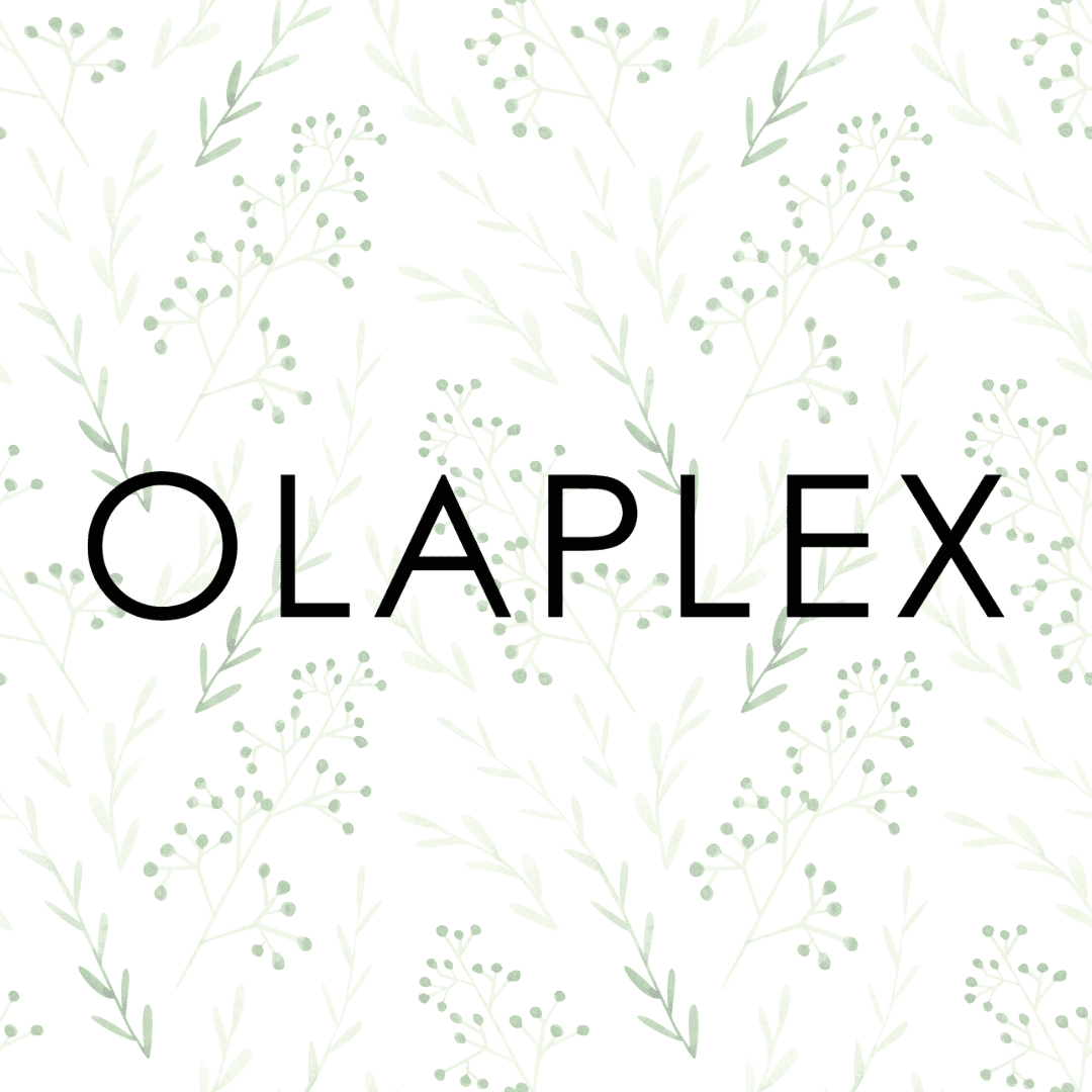 Olaplex logo with a light green botanical background.