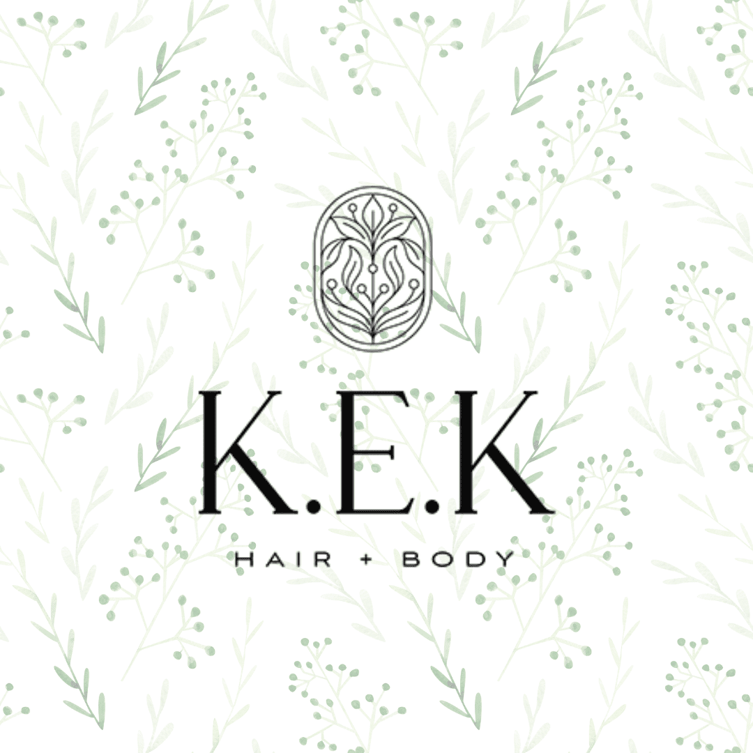 KEK Hair + Body logo with botanical background pattern.